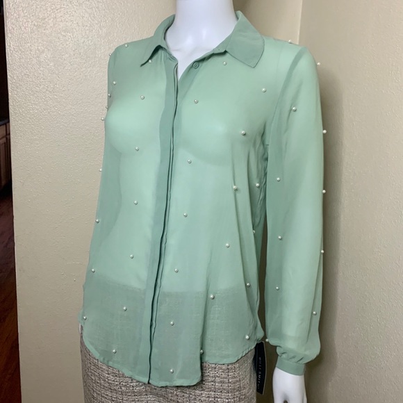 LC Lauren Conrad mint pearl blouse - Picture 3 of 8